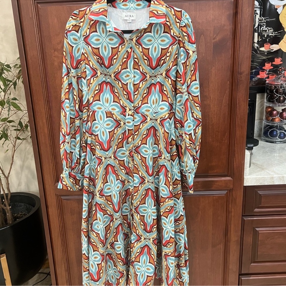 Aura multi color geometrical pattered button down midi dress size Small